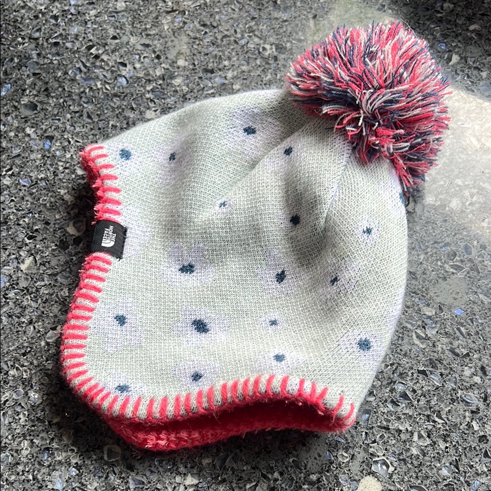 The North Face Gray and Pink Knit Hat with Pom-Pom
